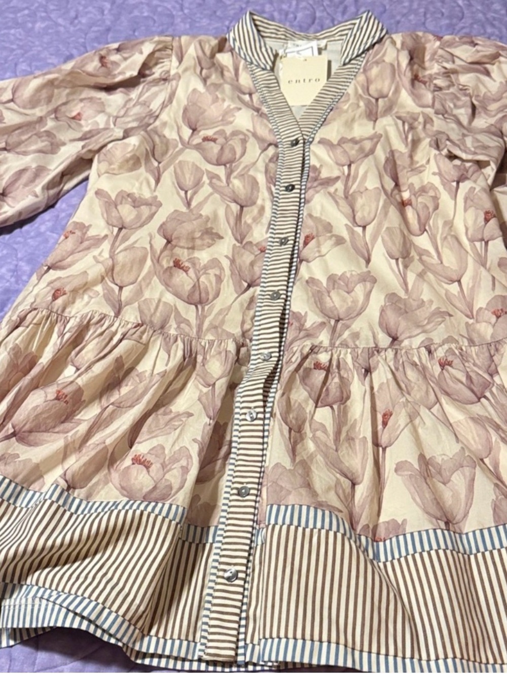 entro Cream Floral Midi Dress with Blue-Trim - Picture 2 of 2
